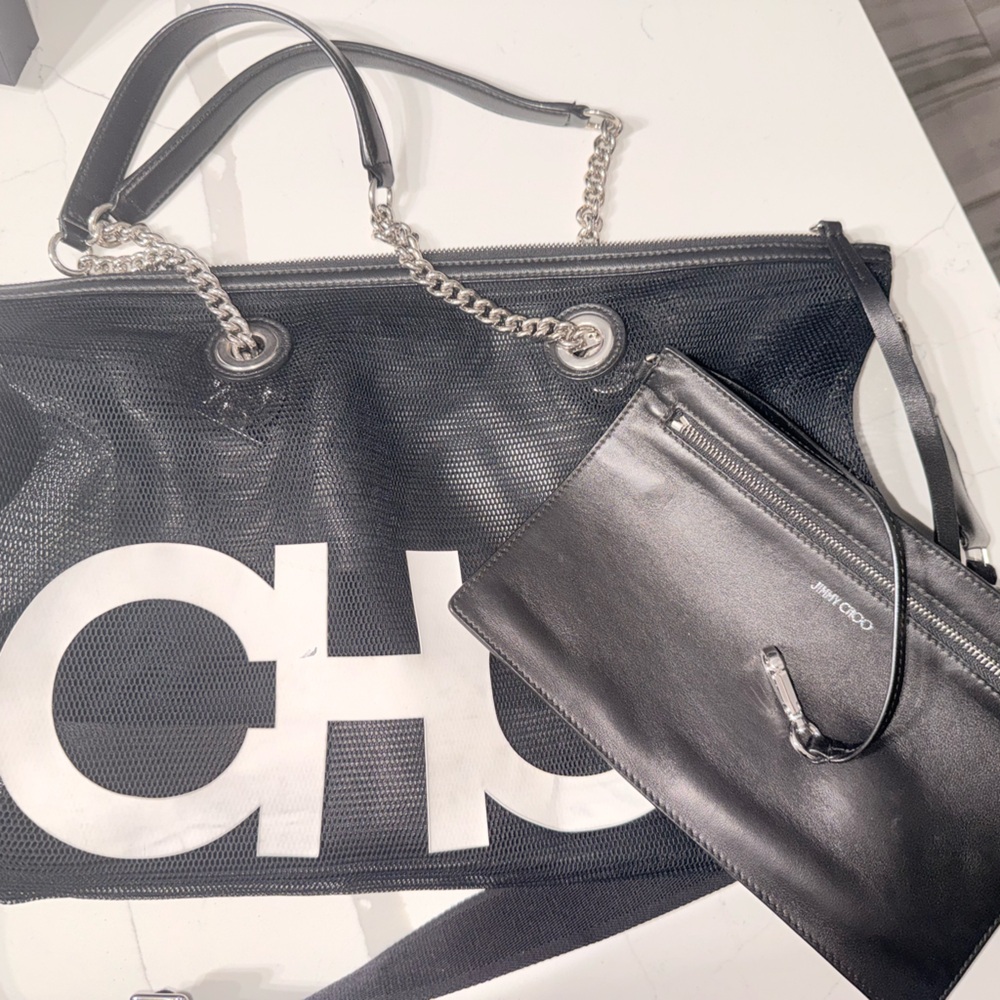 CHO Leather Black Chain Tote with Zip Pouch